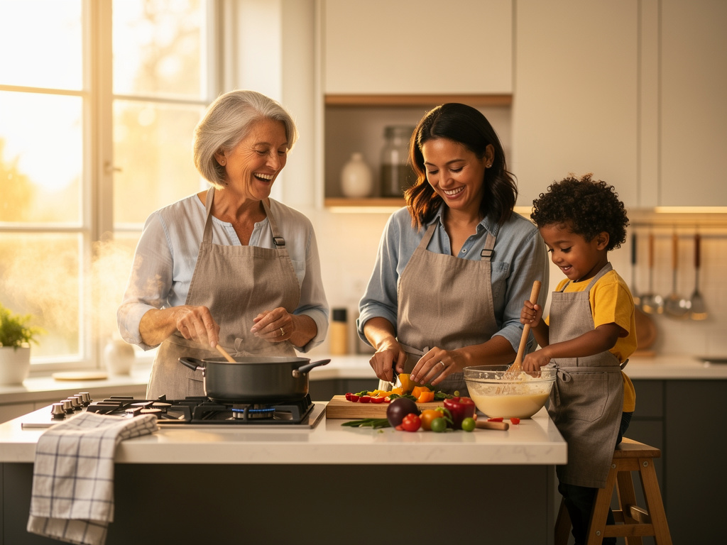 Three generations of a family cooking a meal together