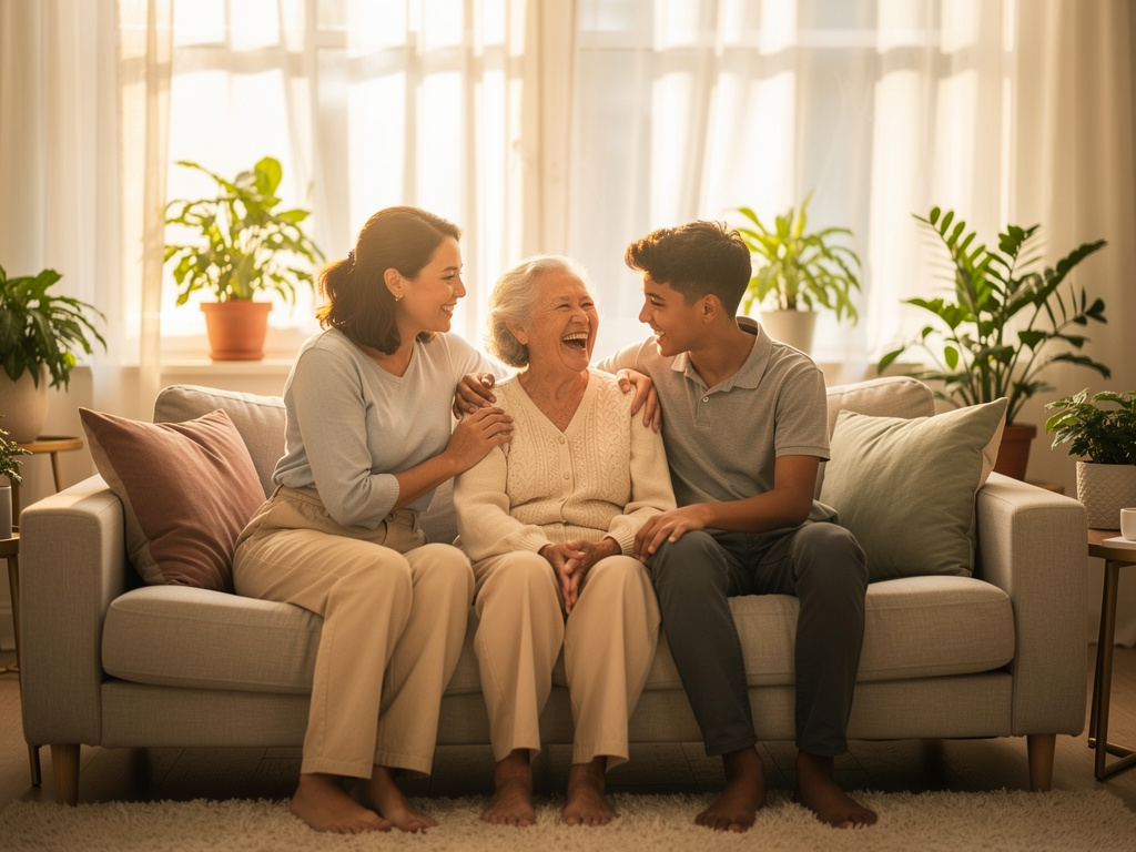 Three generations of a family laughing together on the living room sofa