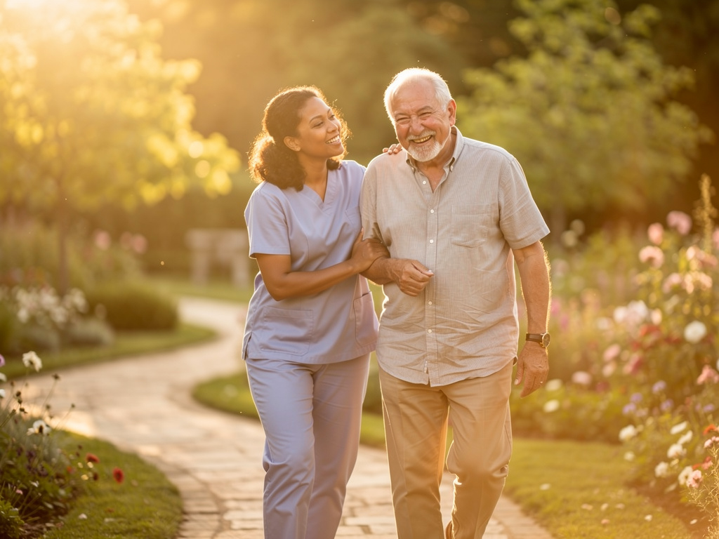Caregiver walking arm in arm with a smiling elderly man in a garden